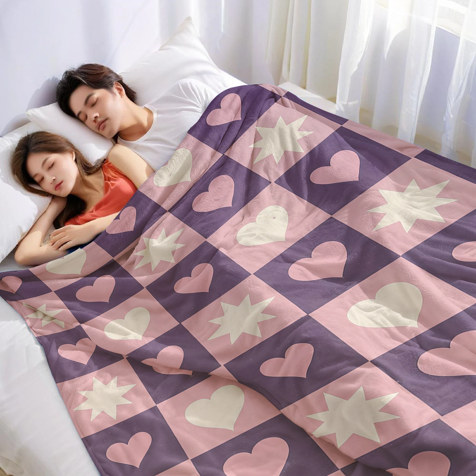 Lilac Pink Checker Heart Star Lightweight Microfiber Soft Christmas Fleece Blanket Warm Cozy Throw for Sofa Travel All Season