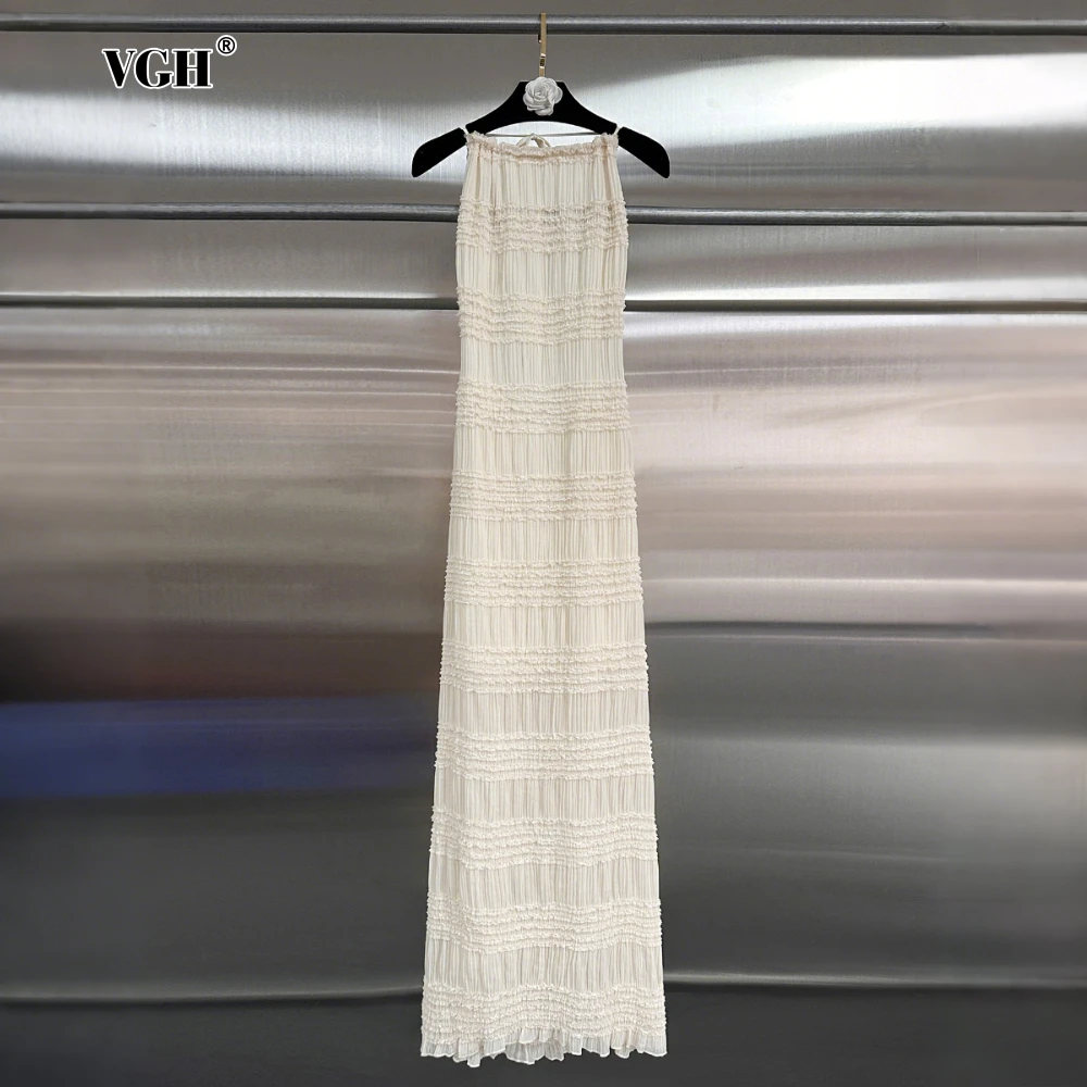 

VGH Sexy See Through Long Dresses for Women Halter Sleeveless High Waist Backless Temperament Slimming Holiday Dress Female New