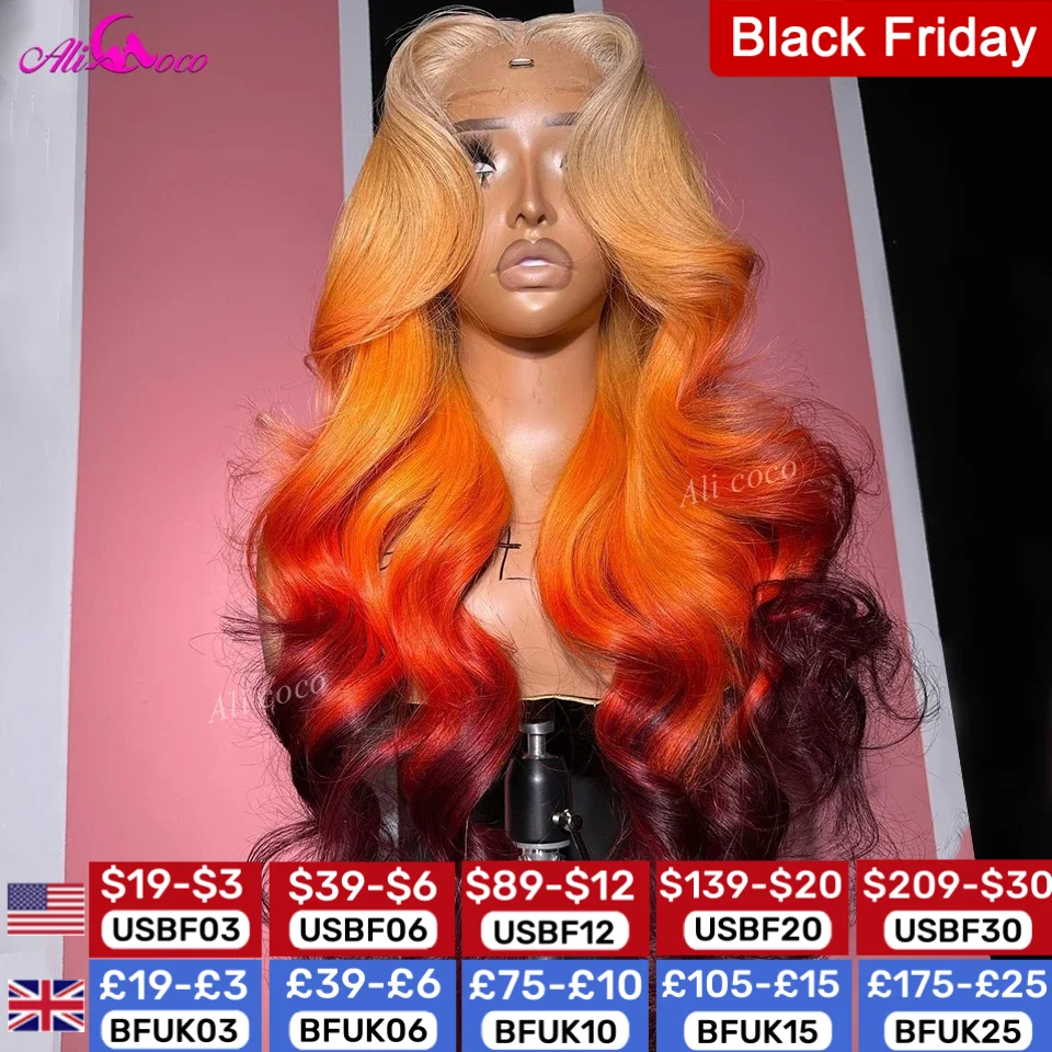 Ali Coco Hair Ombre Orange Red 99J Lace Front Human Hair Wigs For Women HD Transparent Lace Frontal Wig Pre Plucked Remy Wavy