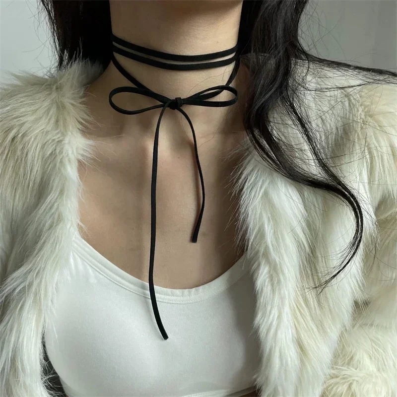 Bowknot Rope Chain Necklace Black Velvet Pendant Choker Necklace for Women Elegant Weave Knotted Bowknot Adjustable Chain Y2k