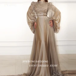 SPRAYING Modest Dubai Arabic Women Evening Dresses Puff Long Sleeves High Neck Glitter Flowers Silk Formal Party Occasion Gowns