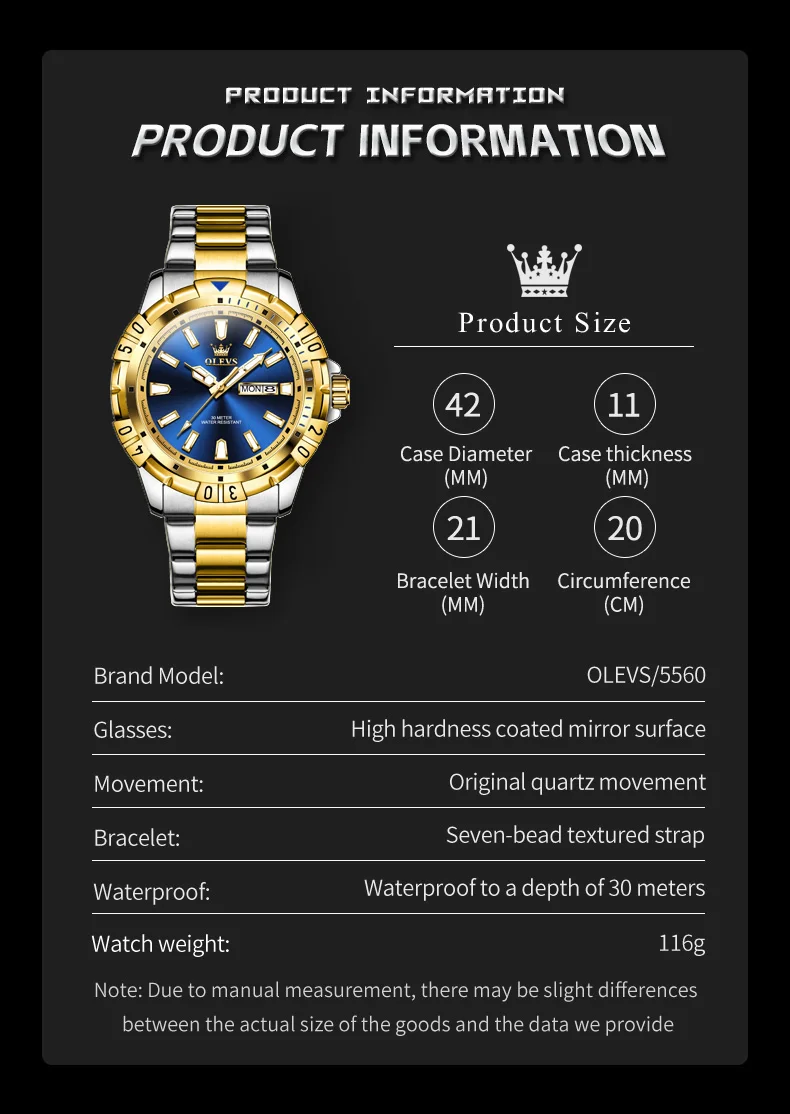 Olevs 5560 original duplo calendário homem relógio de pulso 42mm grande mostrador à prova dwaterproof água relógio de aço inoxidável para homens relógios de quartzo de luxo