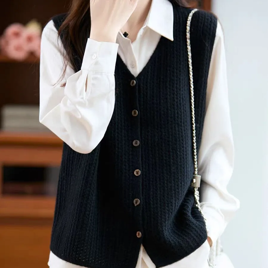 ملابس خارجية جديدة بدون أكمام سترة نسائية محبوكة سترة سوداء على شكل حرف v سترة متماسكة سترة نسائية سترات De Mujer Q1641 #6