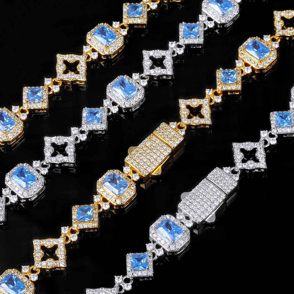 NY Hip Hop Style Custom 11MM Blue Gemstone Iced Hollow Out Star Sparkling Cuban Chain 5A Cubic Zirconia Fashionable Bracelet