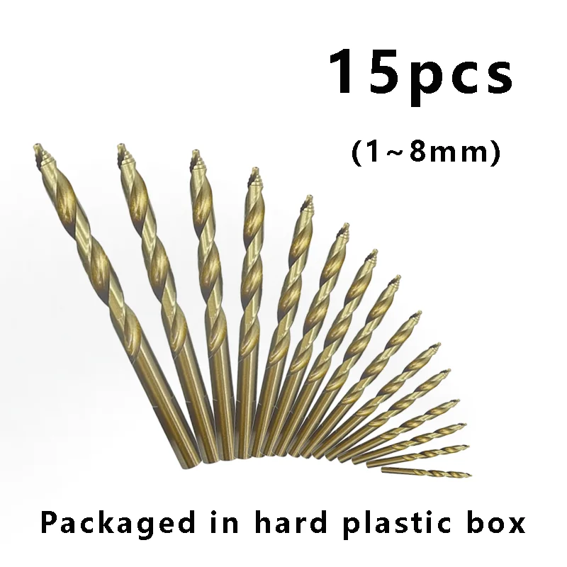 1-8mm Step Twist Drill Bits 15PCS M35 Cobalt High Speed Drill Bits Wear Resistant Bit for Iron Steel Metal Work
