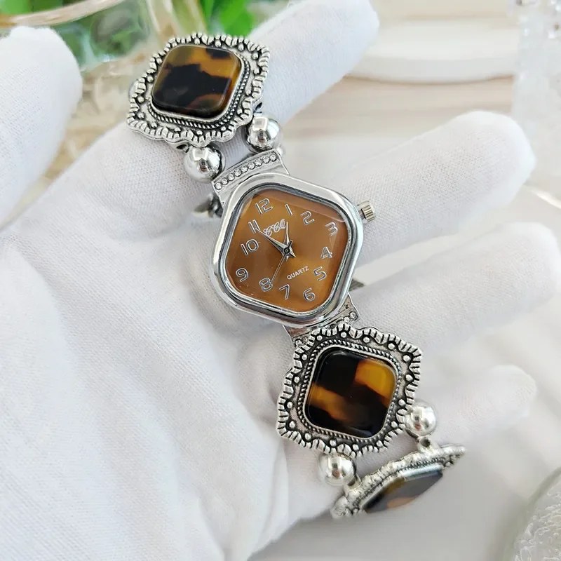 Vintage Silver Square Quartz Watch for Women Retro Tortoise Shell Stone Beaded Bracelet Watch Boho Ethnic Fashion Wrist Jewelry