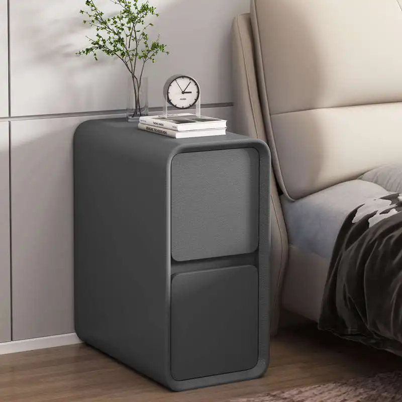 

Mini Wooded Bedside Table Nordic Style Solid Color Faux Leather Bedroom Nightstands Side Storage Cabinet with 2 Drawers