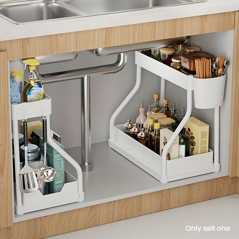 Space Saving 2 Tier Pull Out Storage Box Large Capacity Kitchen Bathroom Essential Drawer Organizer White-AD23