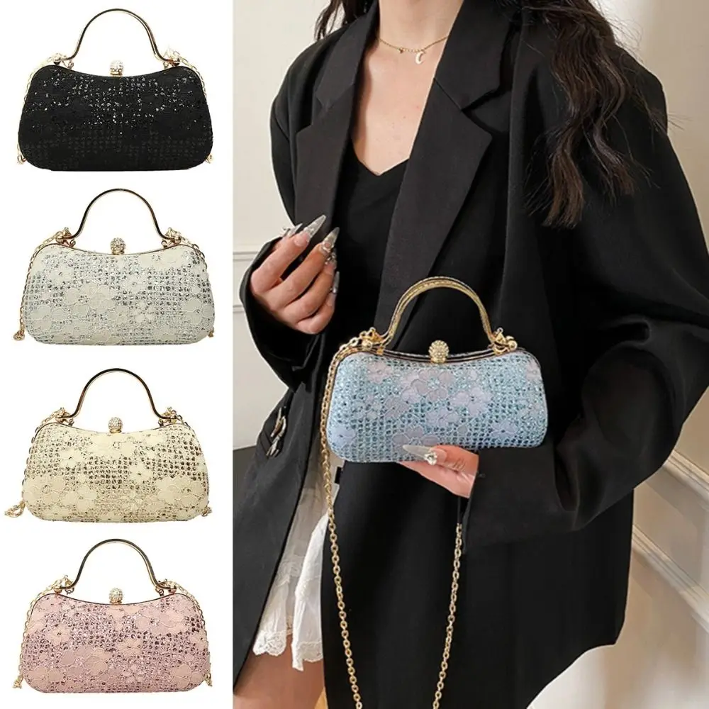 

Casual Luxury Evening Banquet Bag Rhinestone Flower Box Shoulder Bag Metal Top Handle Phone Pouch Ladies Clutch Bag Women