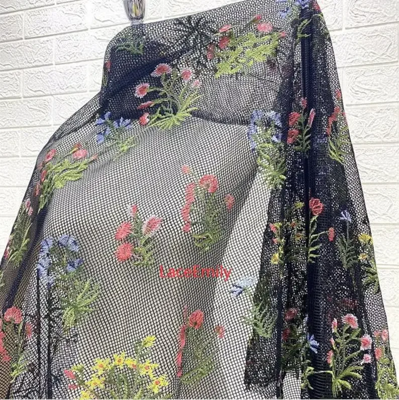 Green plant flower embroidery lace fabric white black mesh tulle lace for wedding dress bridal dress Girl dress 1 yards