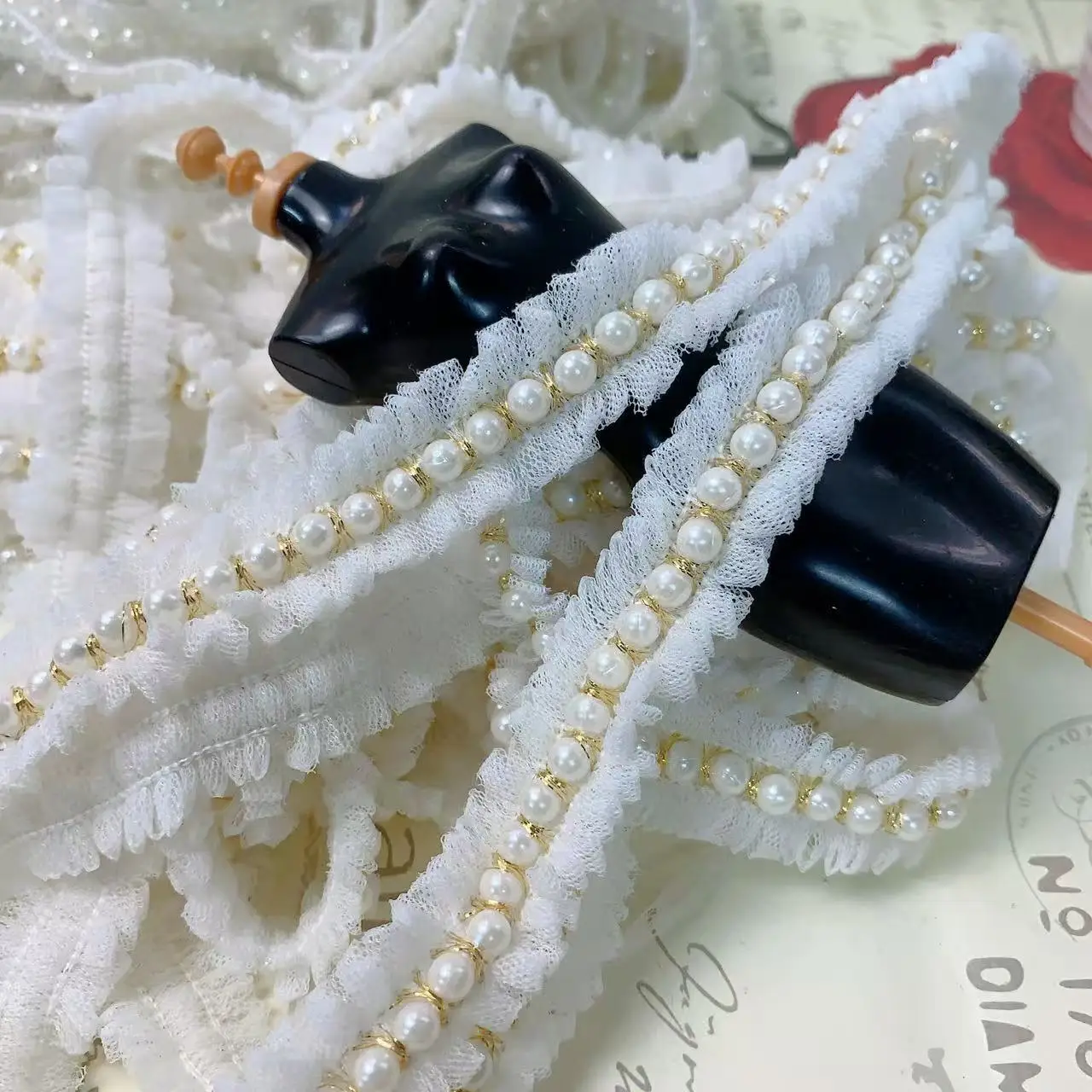 2CM wide small fragrant white pearl lace lace woven belt clothing pet baby clothes handmade DIY decoration