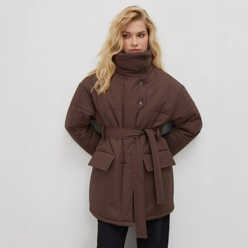 

New Autumn/Winter 2026 European American Style Irregularly Belted Mid-length Stand-up Collar Zipper Warm Cotton-padded Outerwear