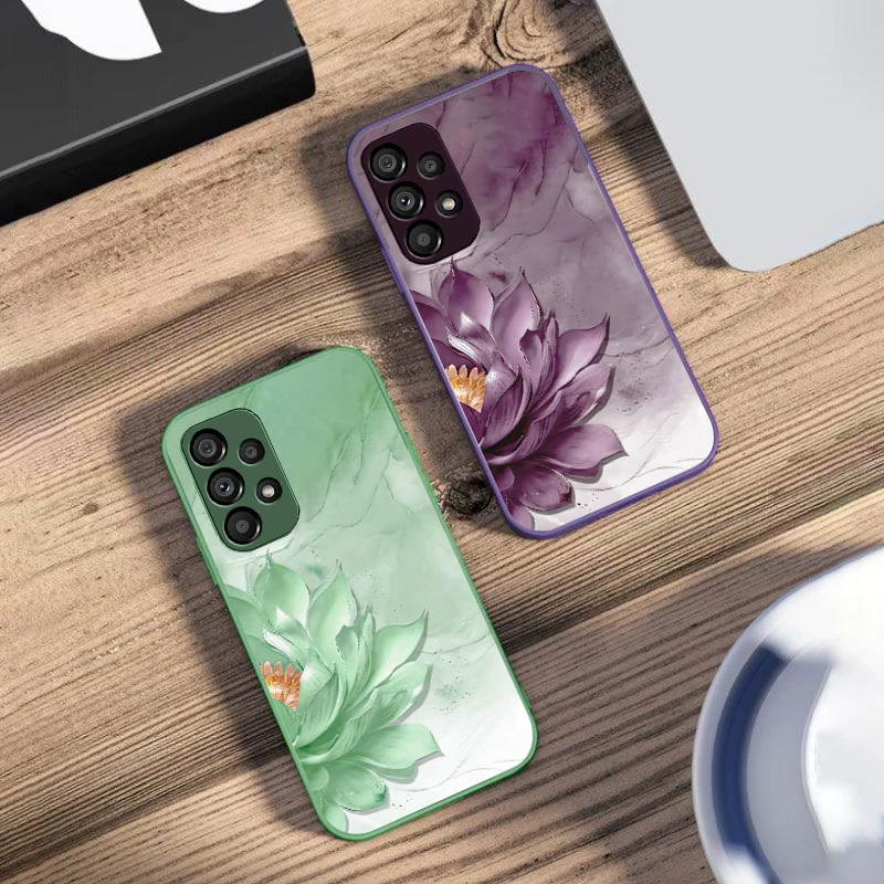 Side Lotus White For Samsung Galaxy S10 4G S20 11E 30 S21 21Fe 22 S24 Pro S23 Ultra 5G S8 S9 Tempered Glass Phone Case