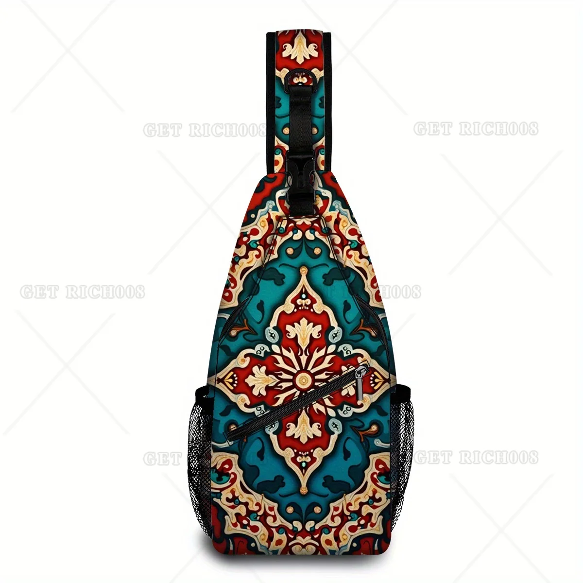 

Boho Flowers Ethnic Print Travel Chest Bag Street Style Crossbody Bag with Double Side Mesh Pockets Secure Top Handles