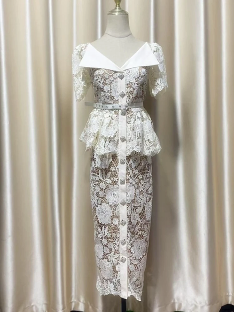 Fashion Chic Lace Bodycon Slim for Women Summer Designer Luxury Short Sleeve Ruffles Midi Long Pencil Dress Vestidos Femme