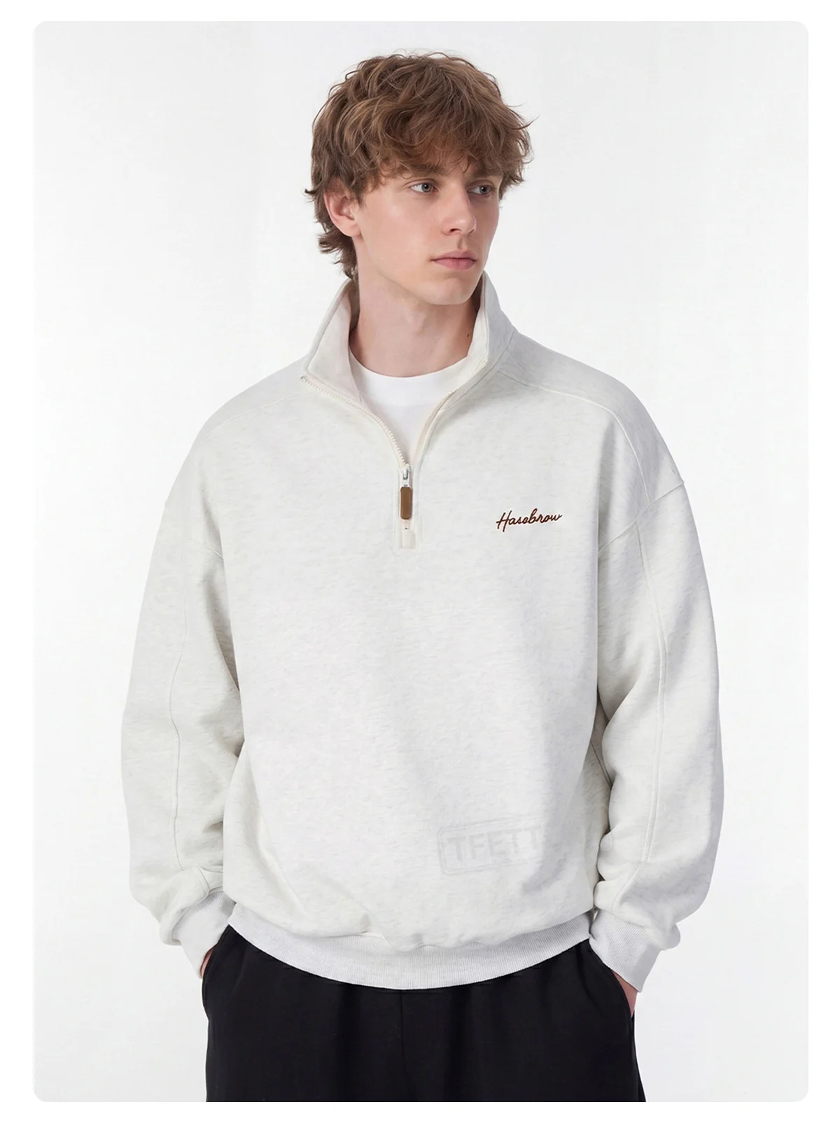 TFETTERS Fall Loose Cotton Half Zip Sweatshirt for Men Heather Gray Stand Collar Minimal Embroidered Casual Tops for Man EU SIZE