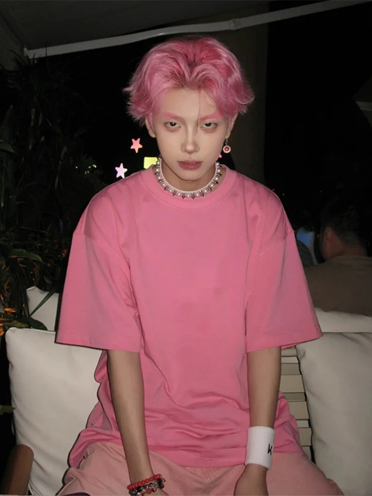 

Heavyweight Pink Small Collar T-irt Men's Dopane Summer Cotton Base Layer Couple's Seven-Quarter Sve Casual Tee