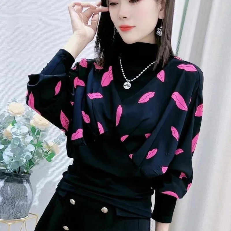 Spring Autumn New Printing Patchwork T Shirt Tops Long Sleeve Contrast Vintage Pullovers Fashion Street Casual Women Clothing