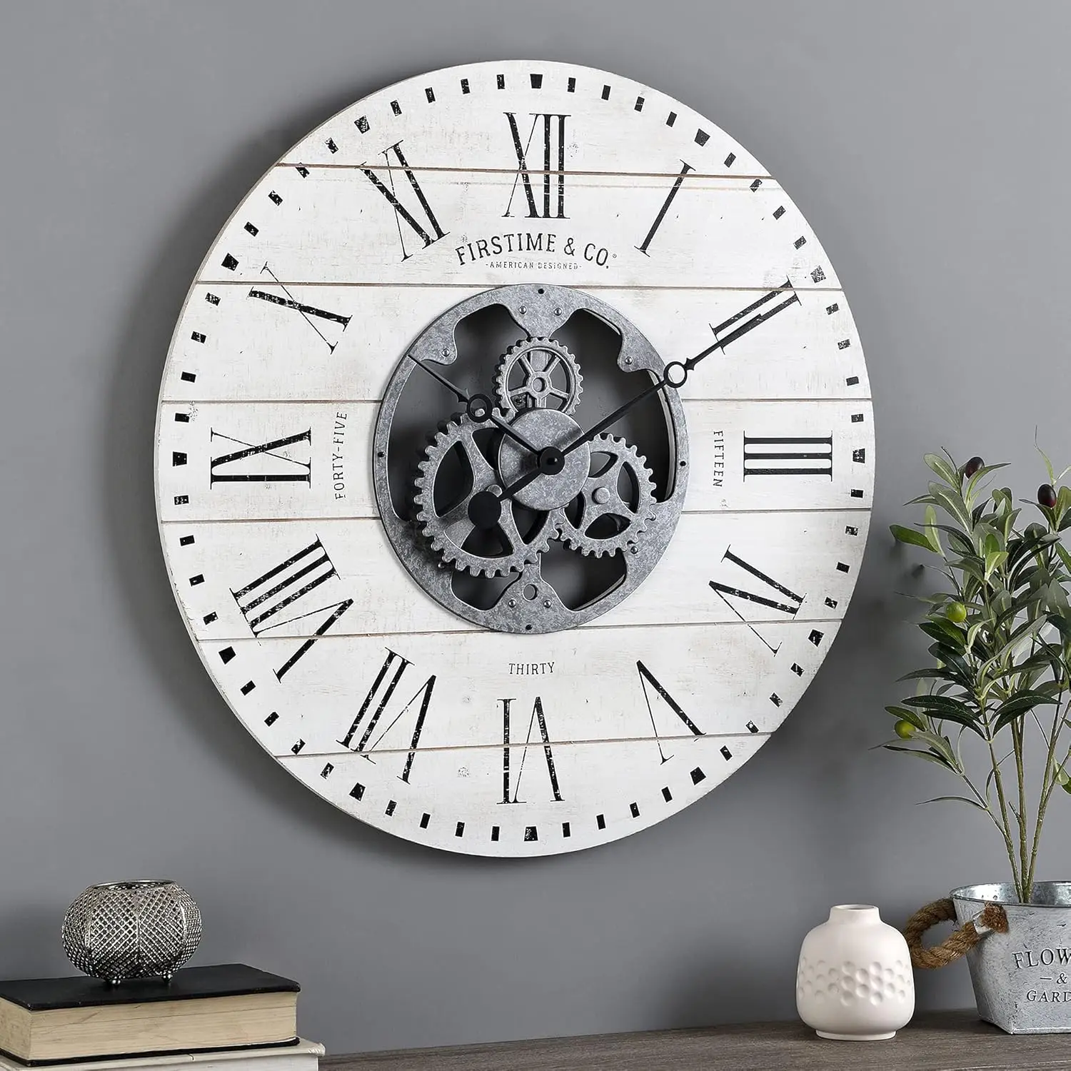 

White Shiplap Gears Wall Clock, Large Vintage Decor for Living Room, Home Office, Round, Wood and Plastic, Farmhouse, 27 inches