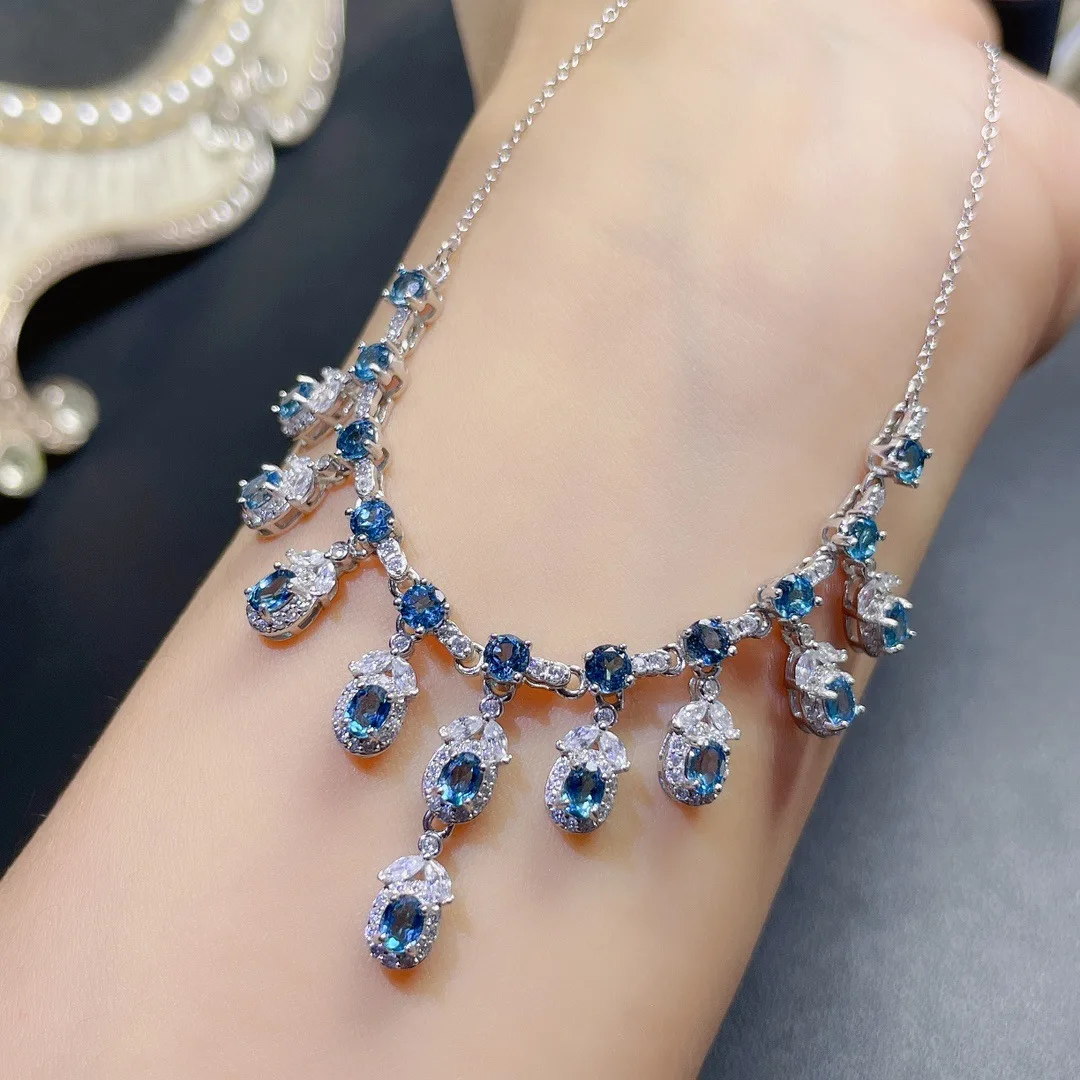 

MeiBaPJ Luxurious Blue Natural Topaz Gemstone Fashion Pendant Necklace 925 Pure Silver Fine Wedding Jewelry for Women