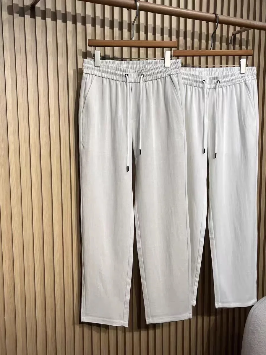 Pantalones Casuales de Hombre Estilo Italiano de Alta Calidad, Cintura Elástica con Cordón, Pierna Recta, Algodón Orgánico, Ropa de Ocio de Alta Gama para Verano