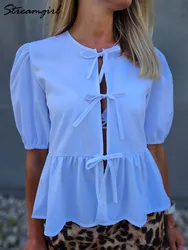 Women's Summer Sexy Lace Up Blouse For Women Short Sleeve Front Tie-up Ladies Tops 2024 Women's Shirt White Short Blouses