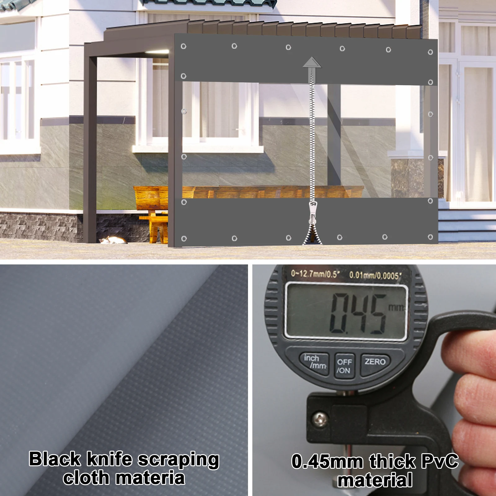 قماش القنب مقاوم للماء عالي التحمل مع سحاب 650 جرام/م2 قماش مشمع شفاف مانع لتسرب الماء ستارة PVC خارجية لمرآب عريشة الشرفة