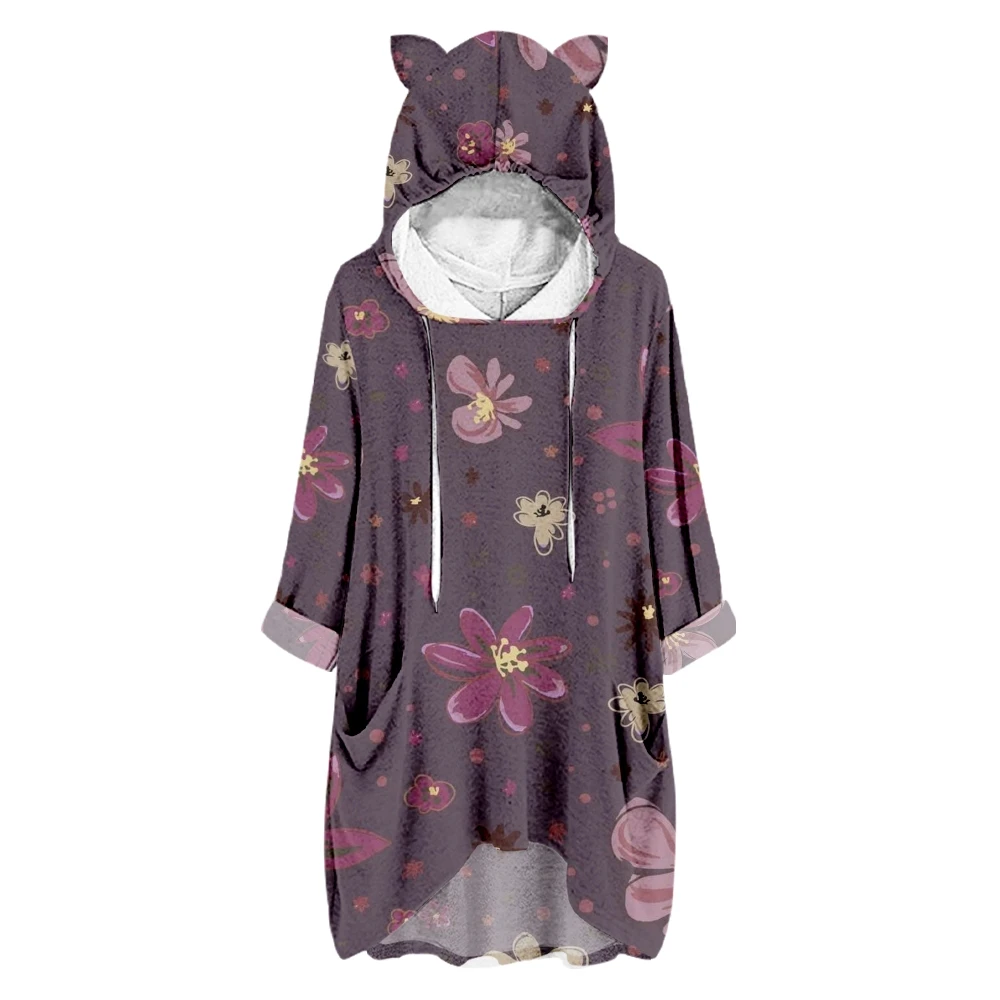 Women's Petal Printing Hoodie Loose Fashion Half Sleeve Casual Fashion Women Cat Ears Sweatshirt Hoodies