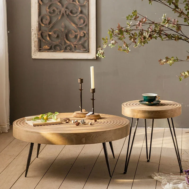 Wabi sabi wind ironwork solid wood edge table, round coffee table in the living room, Japanese small household disassembly