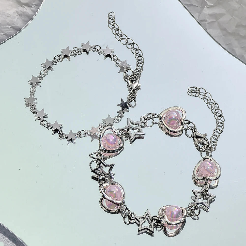 2 Pcs Y2K Sweet and Cool Girl Heart and Star Bracelet Set, Suitable for Daily Wear, Perfect as a Valentine's Day Gift