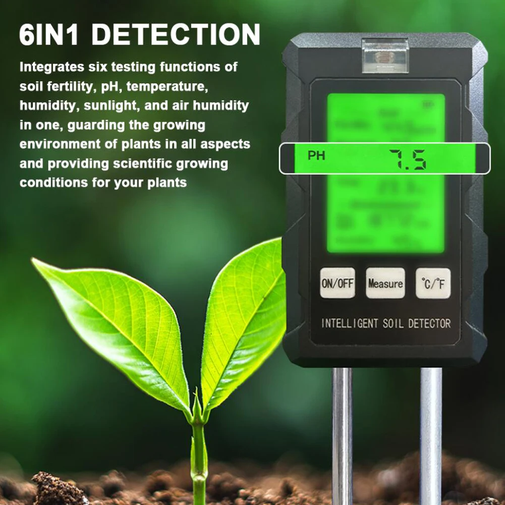 6 in1 umidità luce solare PH Meter temperatura umidità fertilità del suolo piante da giardino fiori Tester umido sensore di umidità del suolo