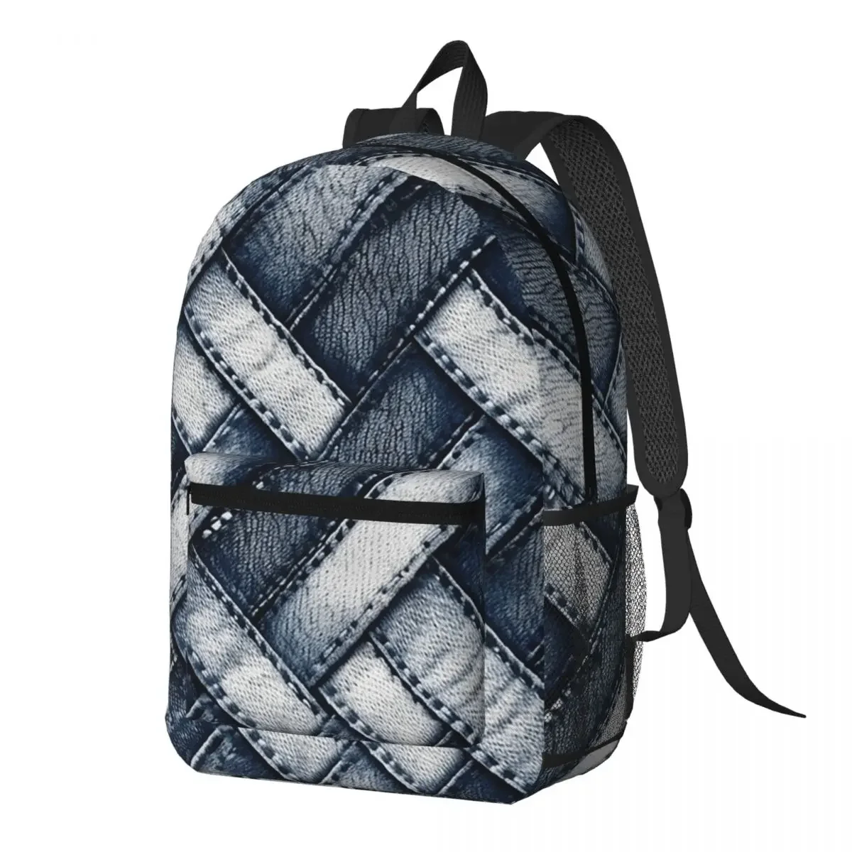Blue Faux Denim Patchwork Quilt Backpack Daypack Large Capacity Kids BookBag School Bag Shoulder Bags for Men Women