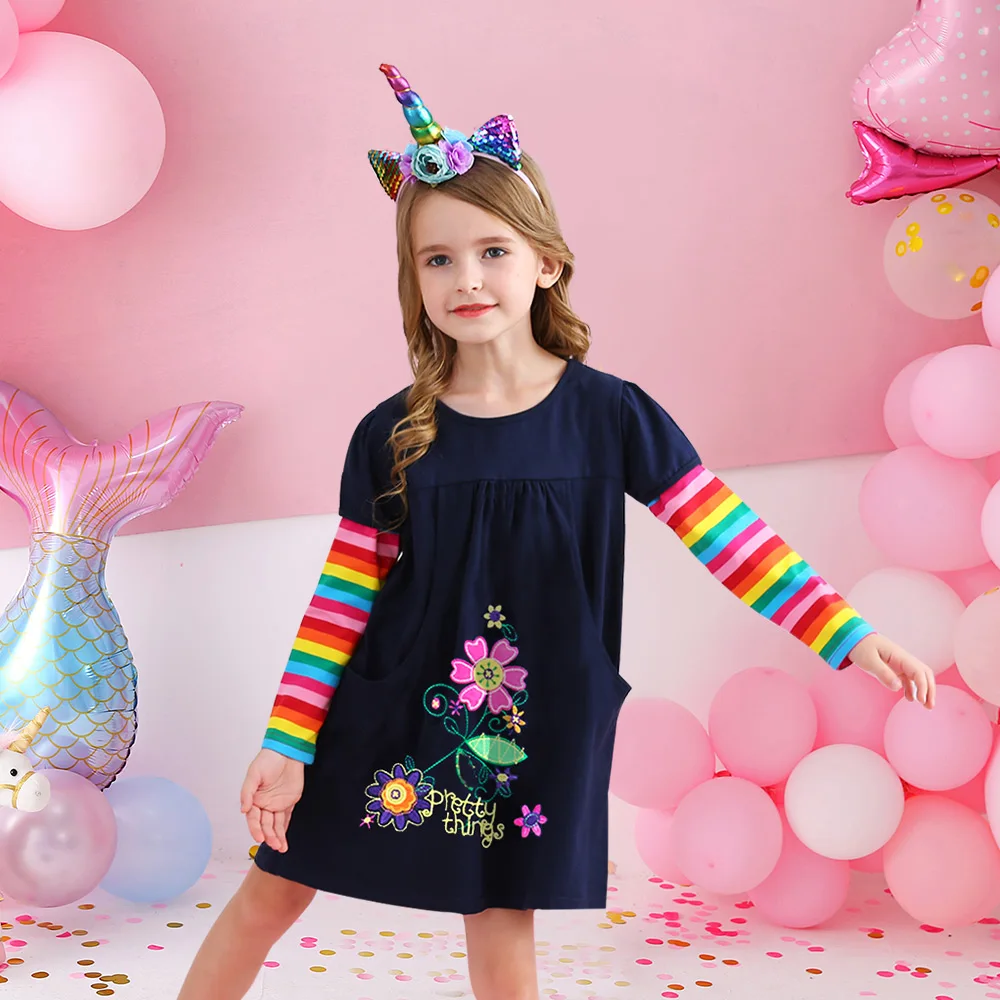 DXTON Girl Flower Embroidery Dress Kids Floral Dresses with Pockets Girls Rainbow Striped Cotton Casual Daily Dress Kids Clothes