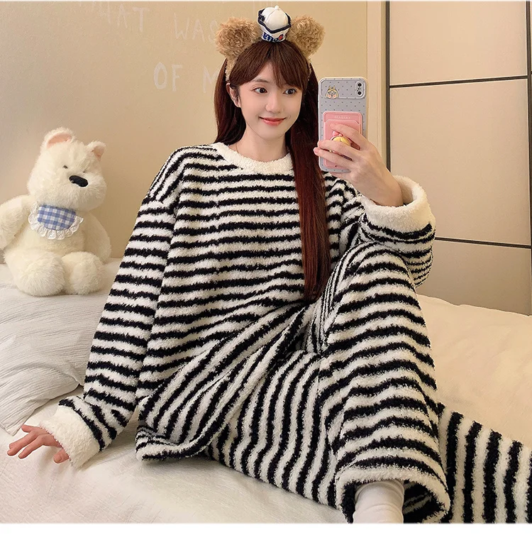 

Pajama Sets Korean Women Cozy V Neck Black 34 Sleeve Summer Weight Bride Print Retro Polyester Nightwear Light Round White Long