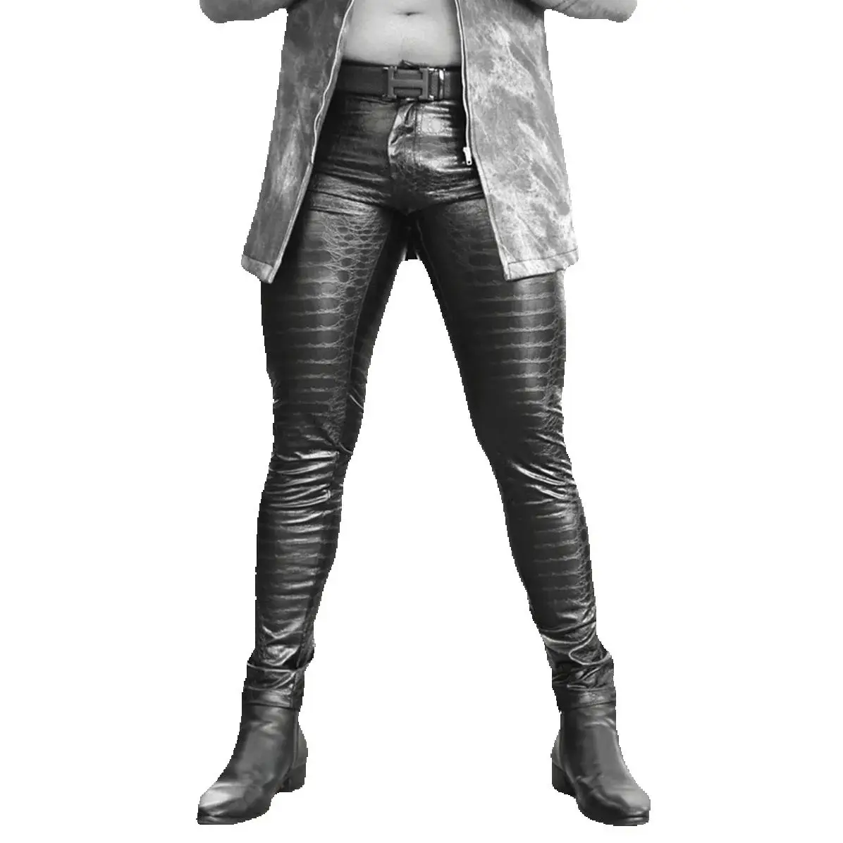 

Men's Skinny Jeans Alligator Print PU Faux Leather Pencil Pants High Elastic Casual Trousers Motorcycle Leggings Boots Pants