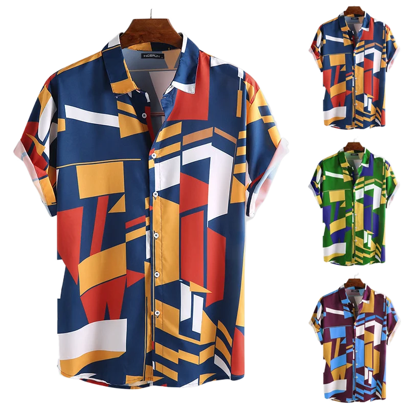 

INCERUN Summer Men Beach Shirt Geometric Print Short Sleeve Lapel Neck Button Leisure Hawaiian Shirts Men 2022 Streetwear S-5XL