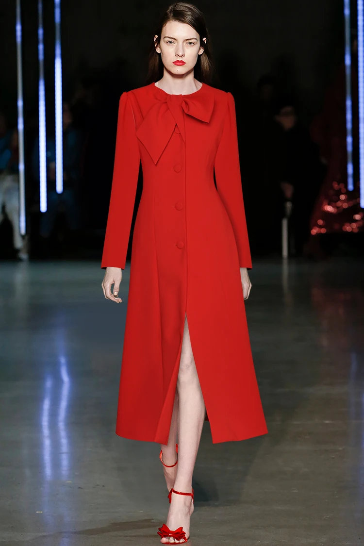 Fashion Runway dress Autumn Winter Women Dress O-neck Bow Long Sleeve Single Breasted Split Thickened Red Dresses