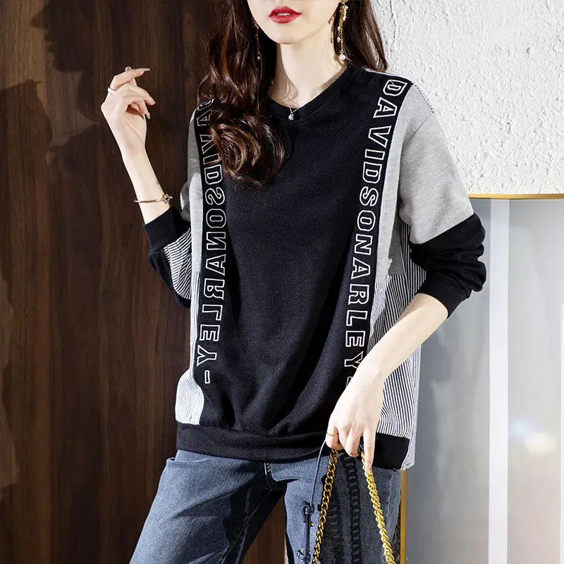 

Woman Clothing Striped Text Top Pullovers Women's Sweatshirt Letter Printing Black Y2k Hoodie Warm 90s Vintage Korean Fashion E