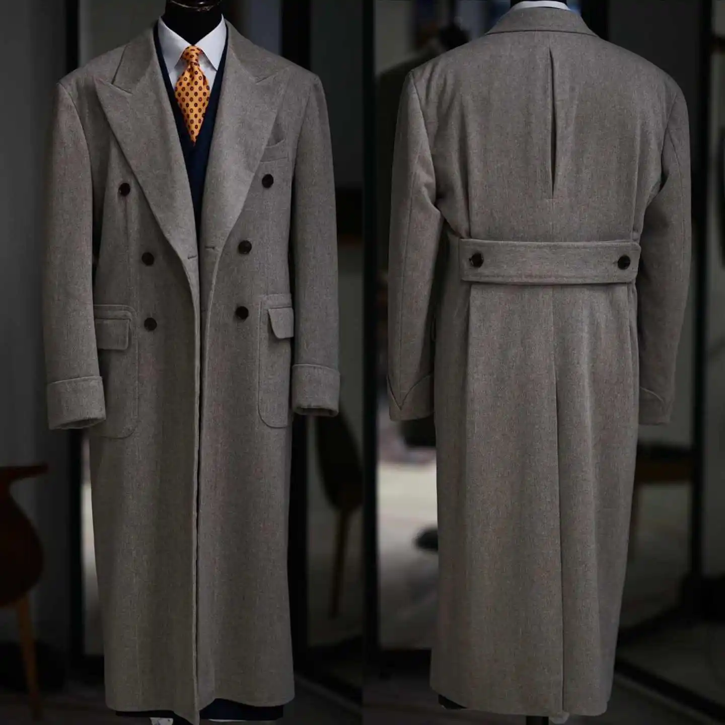 معطف صوفي ذو طية صدر السترة وسيم للرجال معطف طويل مزدوج الصدر يوميًا مخصص سترة دافئة رسمية للرجال