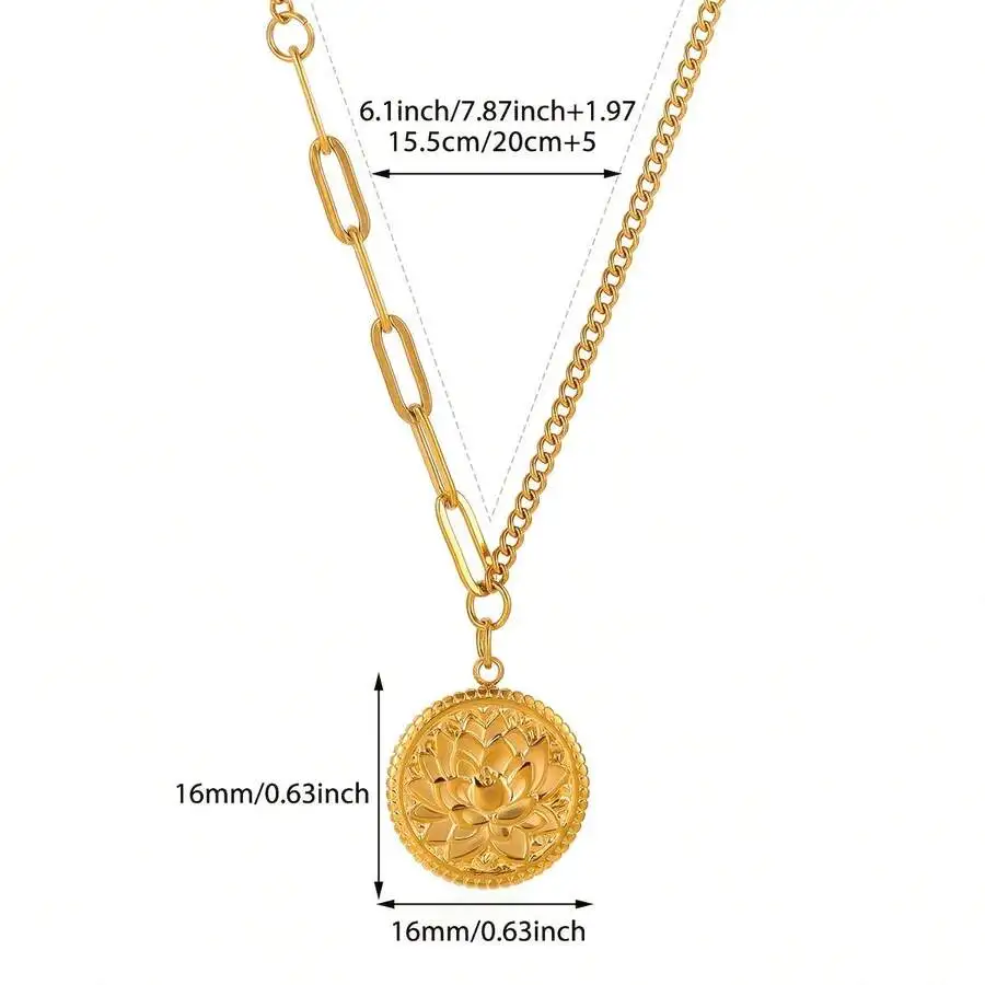 

Stainless Steel Golden Lotus Pendant Necklace For Women Vintage Elegant Chain Jewelry