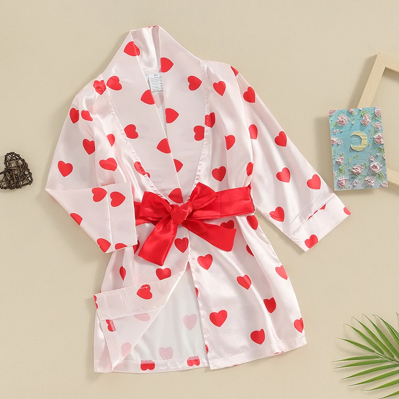 Toddler Silk Satin Robe Valentine s Day Heart Print Kimono Bathrobe With Belt Kids Girls Dressing Gown Sleepwear