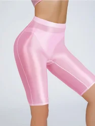 Sexy Women's Yoga Pant Oil Glossy Elastic Jeggings Sheer See Through Soft Stretchy Casual High Waist Tight Knee-Length Shorts