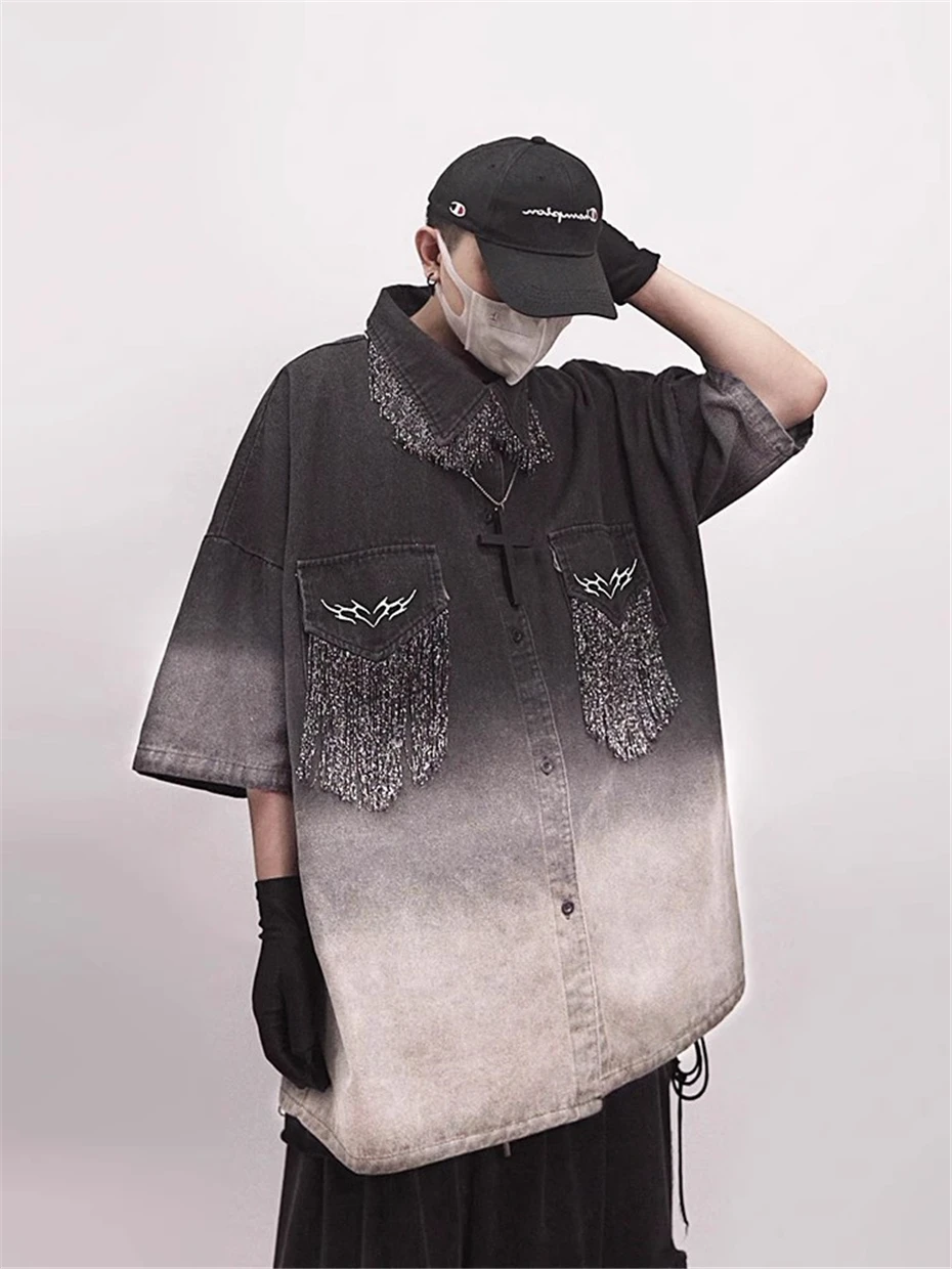 Black Tassels Denim Shirt Men Streetwear Hip Hop Punk Short Sleeve Shirt Oversized Harajuku Vintage Casual Jeans Blouse Male