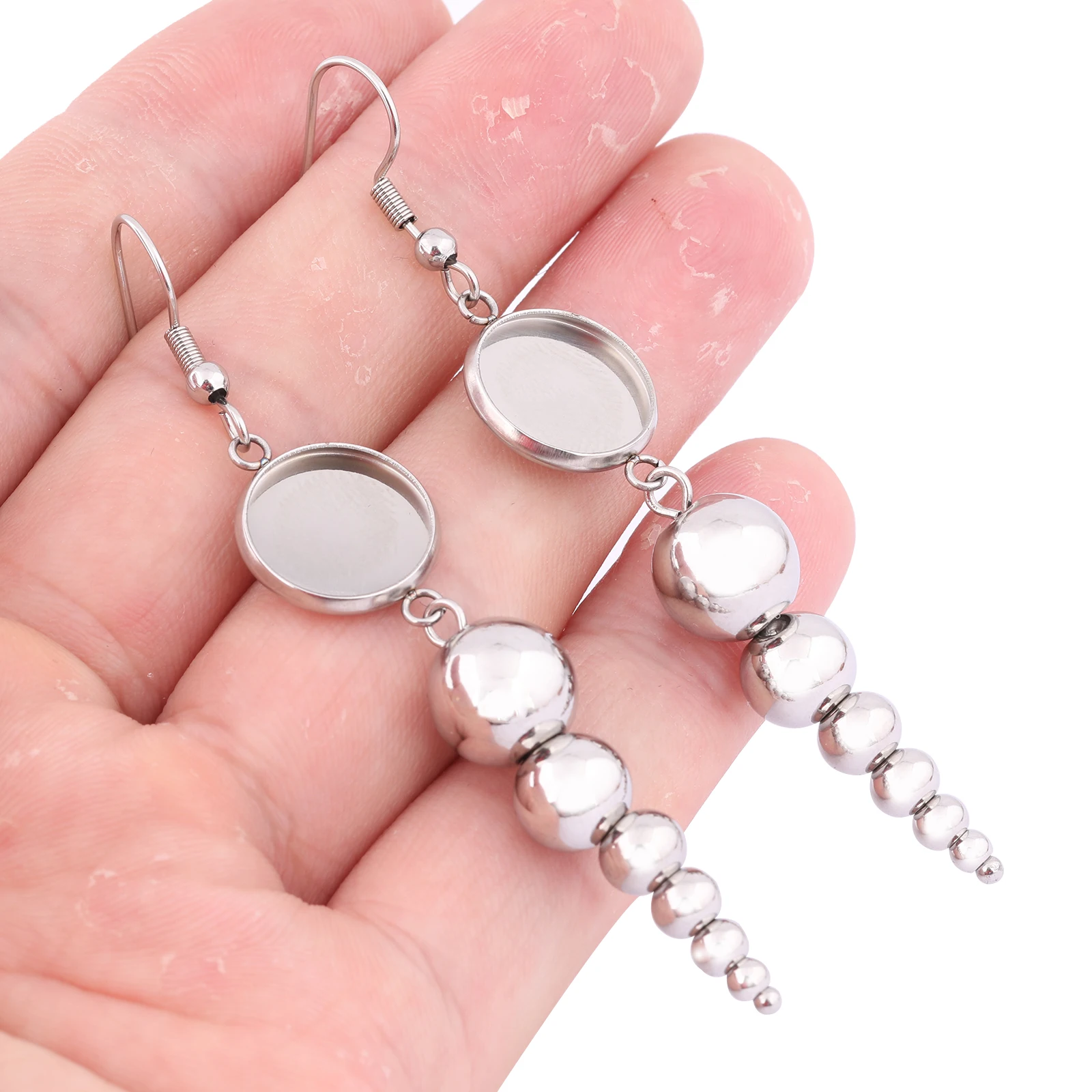 6pcs Stainless Steel Ball Charm Earring Base Blanks Dangle Fit 12mm Cabochon Earrings Bezel Setting Trays Diy Ear Hooks Findings