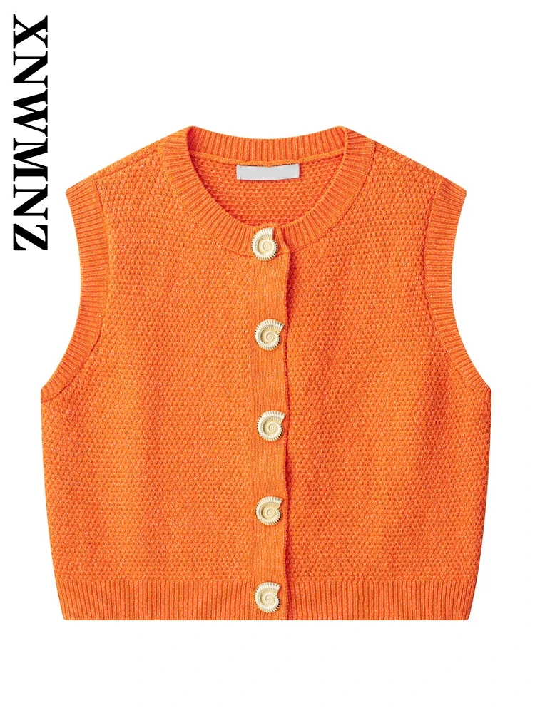 

XNWMNZ 2025 Summer New Women Clothing Simple Casual Sleeveless O-Collar Knitted Sweater Fashion Lady orange Blouses Chic Vest