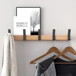 Perchero nórdico de madera montado en la pared con 5 ganchos móviles, riel de aluminio para ropa, sombrero, toalla, batas, perchero, muebles