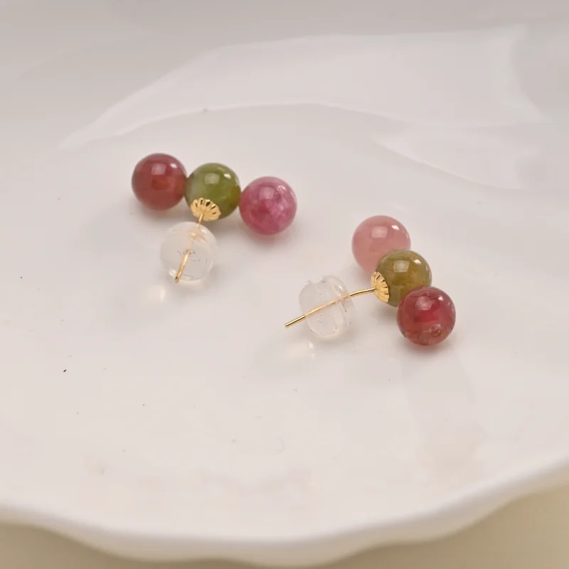 Pure 18K yellow gold earrings Natural tourmaline colorful au750 Original Design wedding party gift for women E1012