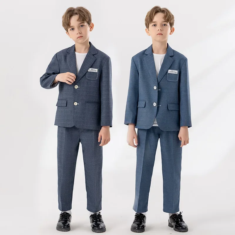 

Boys Grey Blue Slim Fit Suits Formal Wear Childrens Teenagers Best man Performance Host Clothes Kids Students Party Full Dress