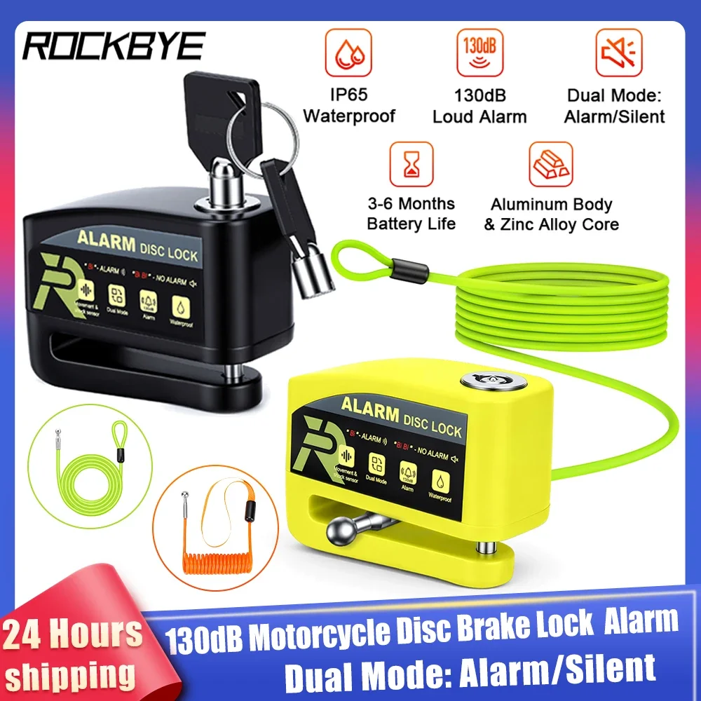 Rockbye Motorcycle Disc Brake Lock 130dB Loud Anti Theft Alarm IP65 Waterproof Alarm/ Silent Two modes Moto Wheel Disk Padlock