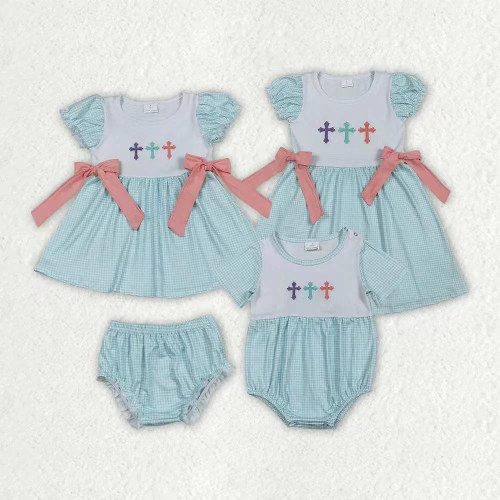 

z1107-13 GSD2807 baby girl clothes Matching easter embroidery short sleeve Dress Wholesale Boutique kids clothes girl
